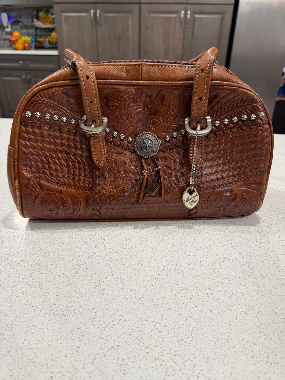 American West Hand-Tooled Leather Satchel Western Purse